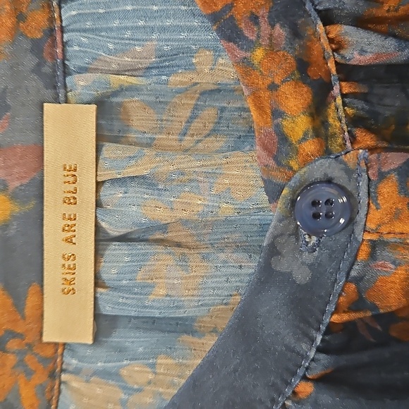 💕SKIES ARE BLUE💕Long-Sleeve Button-Down Blouse ~ Teal Mustard Print  NWT - Picture 12 of 14